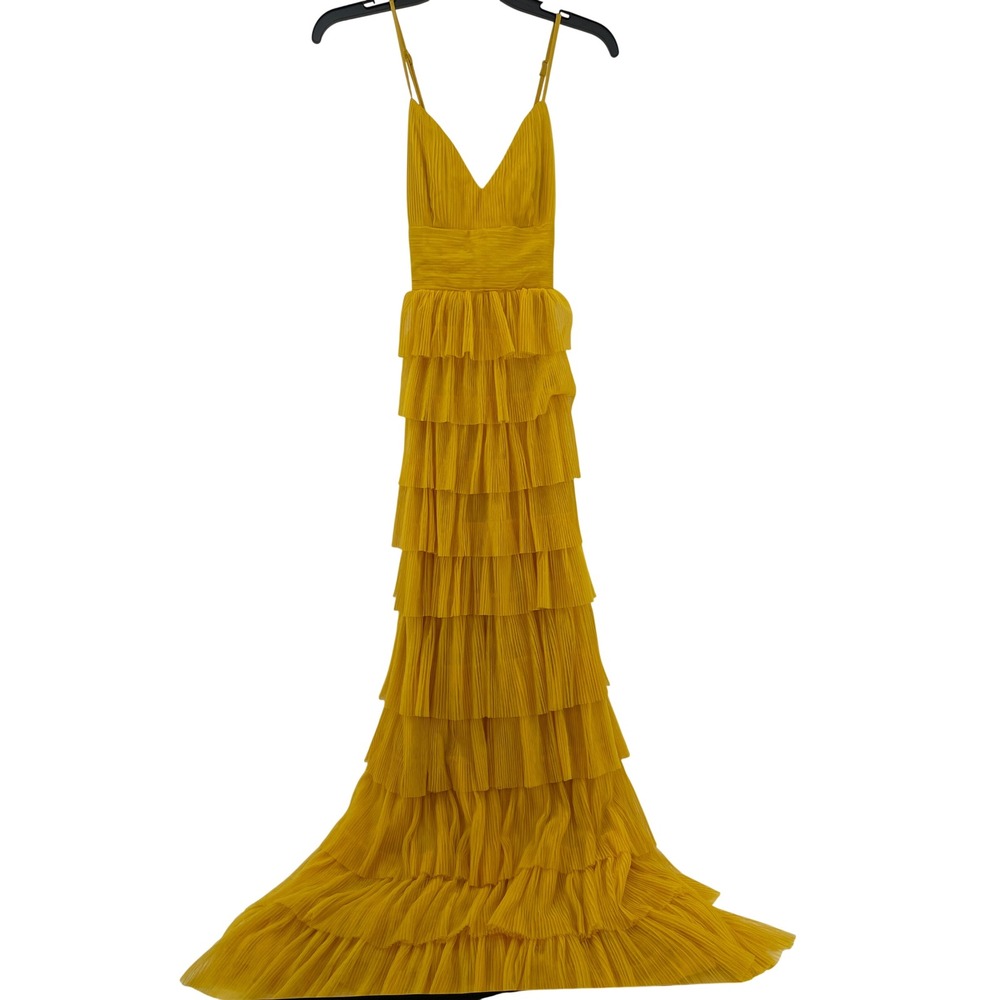 Lulus Gold Tiered Pleated Tulle Maxi Dress XS V-Neck Formal Gown